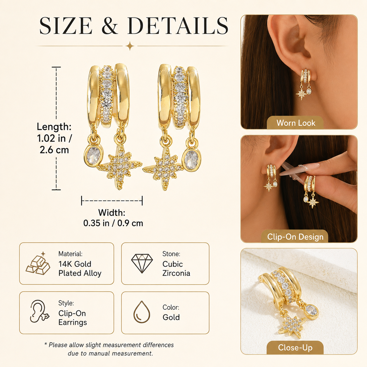 🌟 3-Tier Gold Earrings with Zircon – Perfect Gift for Girls