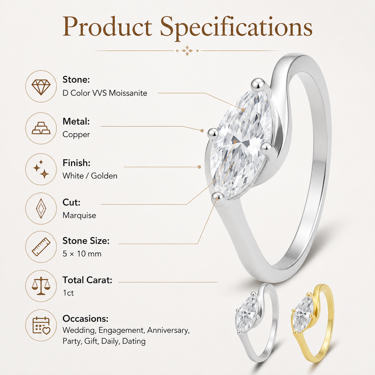 💍 1ct Marquise Moissanite Ring – Silver-Plated Solitaire Gift