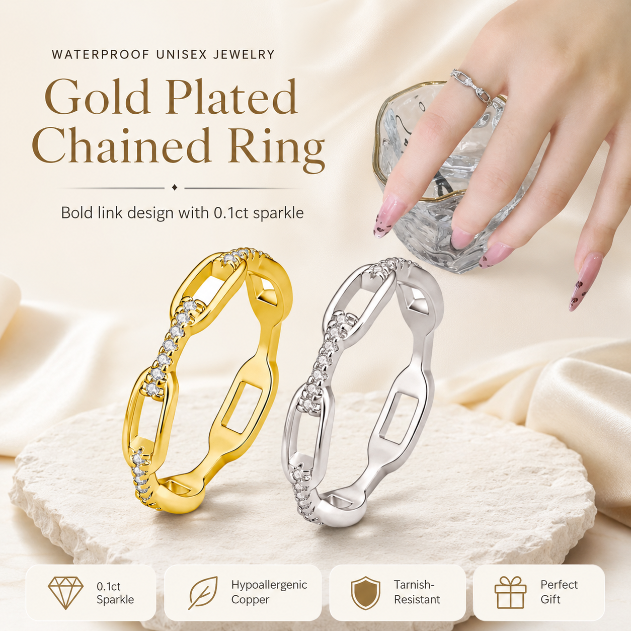 ✨ White & Gold Chain Ring – Waterproof Hip Hop Unisex Jewelry