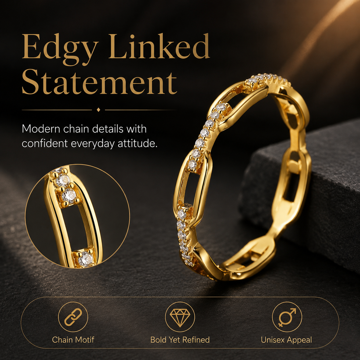 ✨ White & Gold Chain Ring – Waterproof Hip Hop Unisex Jewelry