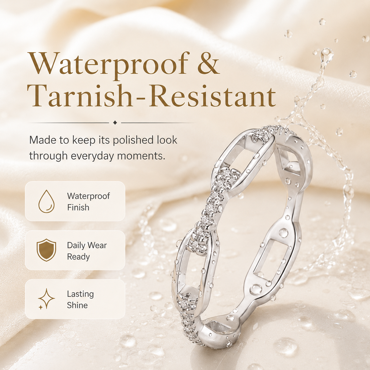 ✨ White & Gold Chain Ring – Waterproof Hip Hop Unisex Jewelry