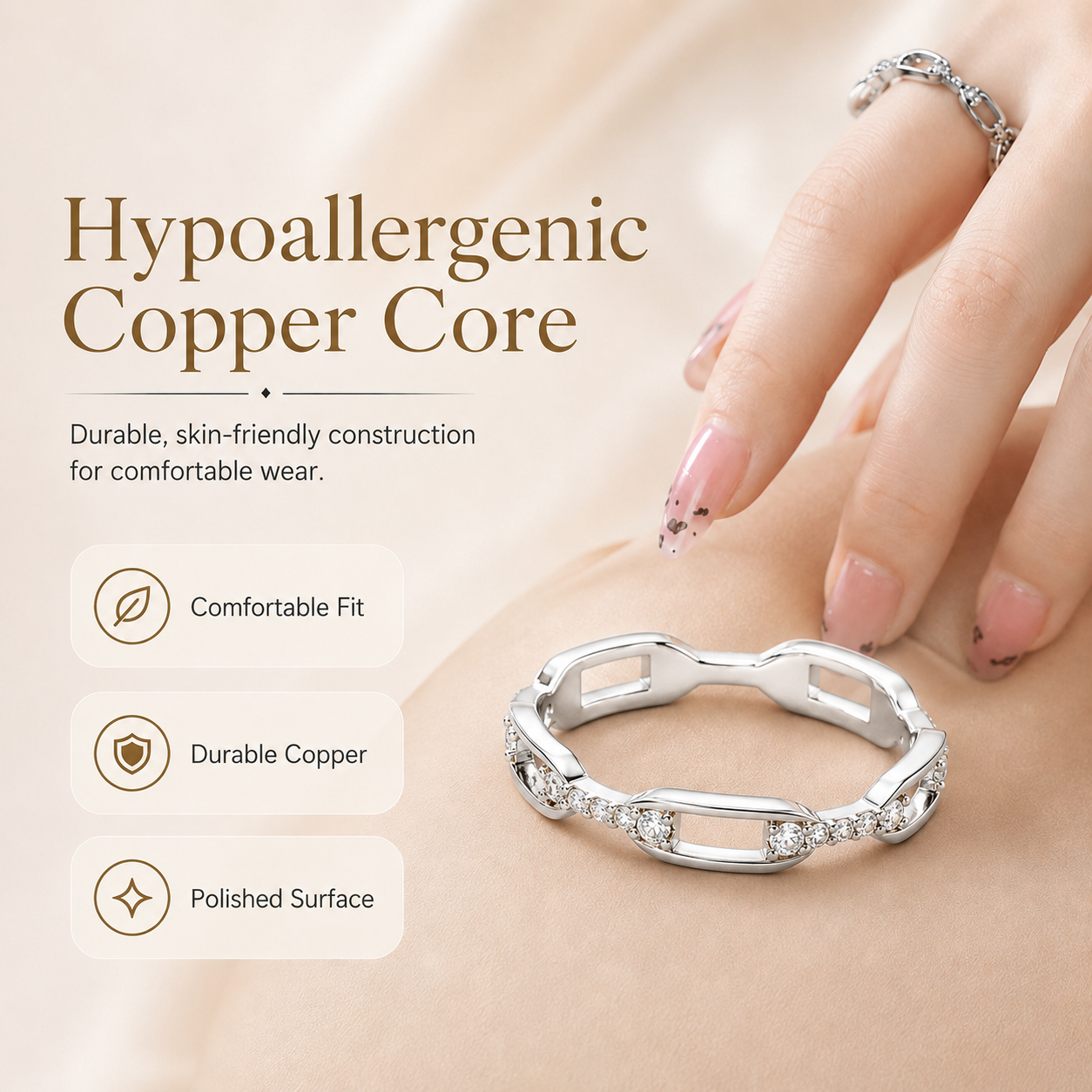✨ White & Gold Chain Ring – Waterproof Hip Hop Unisex Jewelry