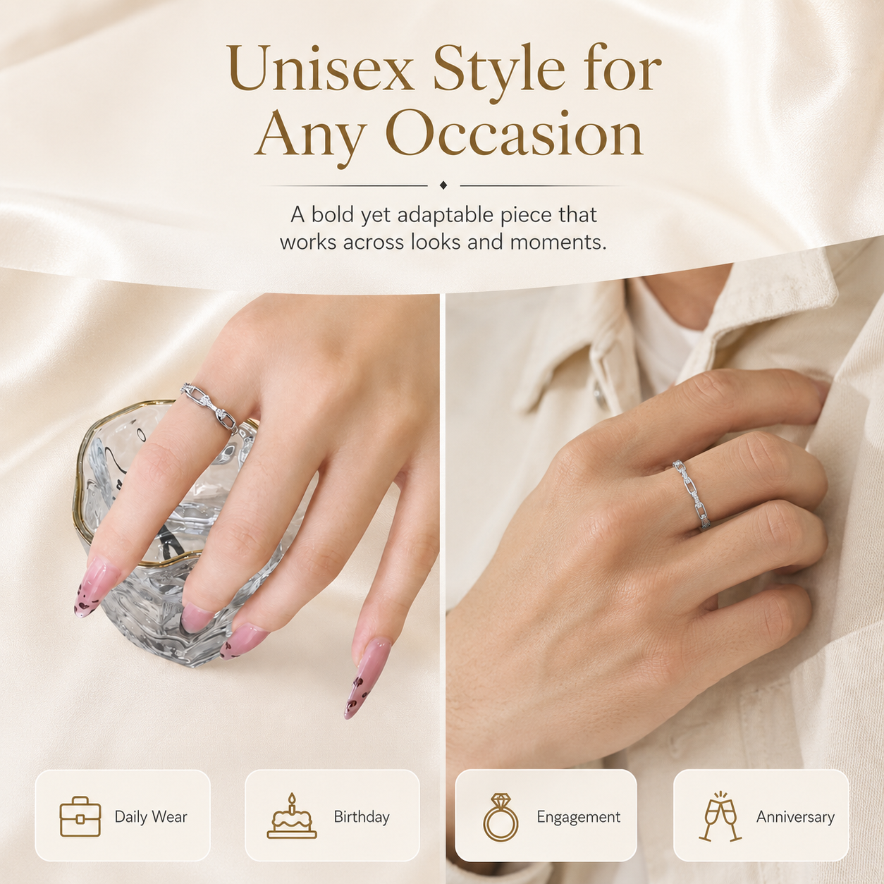 ✨ White & Gold Chain Ring – Waterproof Hip Hop Unisex Jewelry