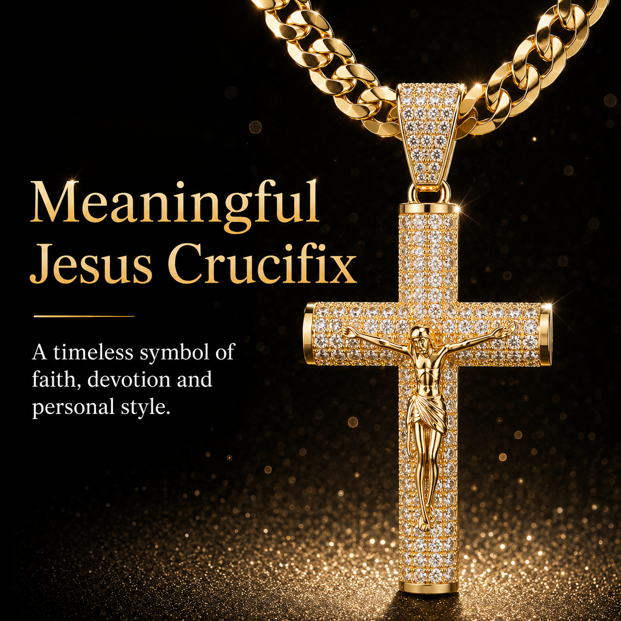 ✨ Gold-Plated Cuban Figaro Cross Necklace – 24" Miami Crucifix, Handcrafted Polished, Perfect Father's Day Gift