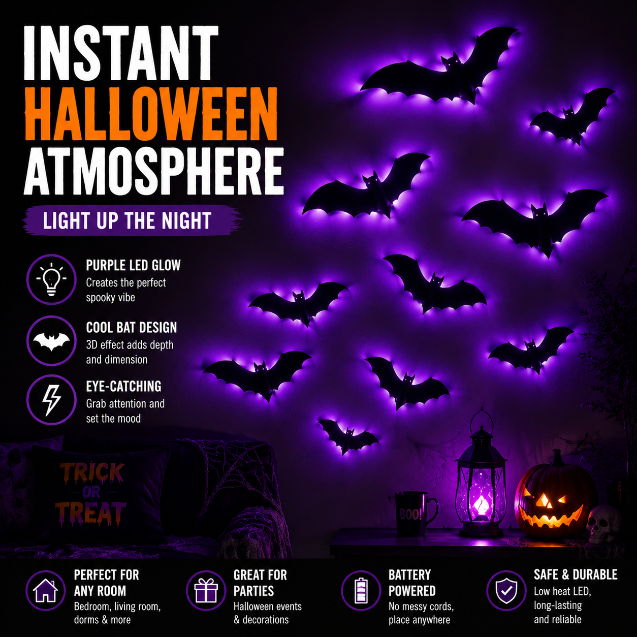 Halloween LED Bat Wall Lights | Peel & Stick Spooky Decor