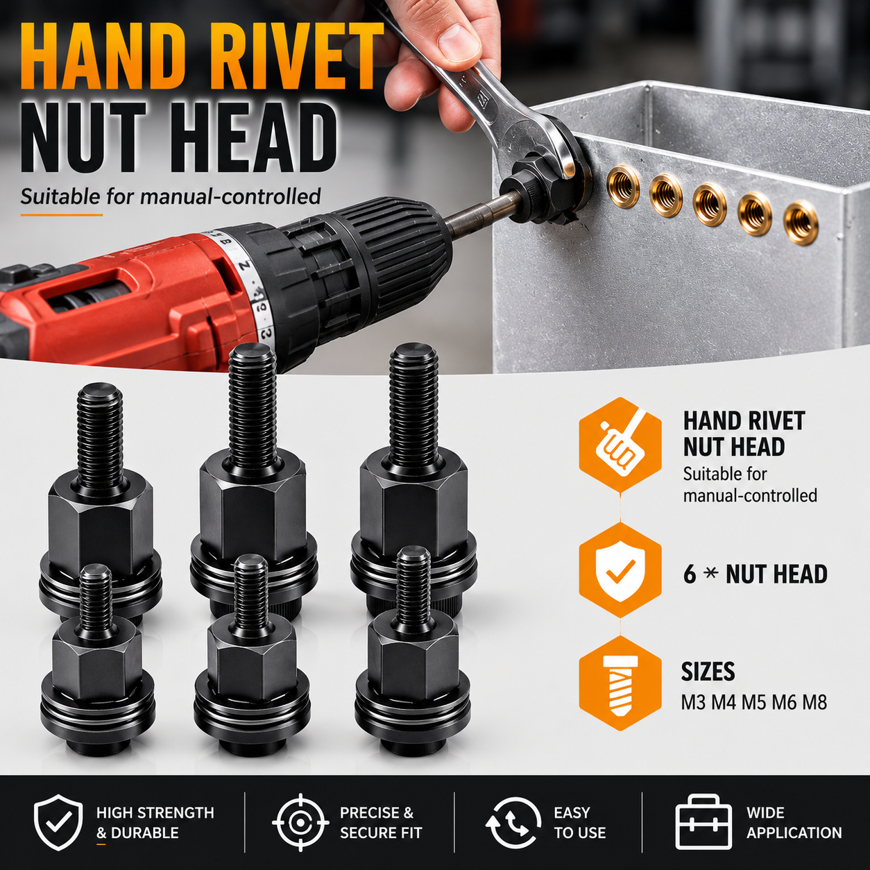 Head Rivet Nut Tool-M3 M4 M5 M6 M8 M10 Rivnut Kit-Carbon Steel Rivnut Set
