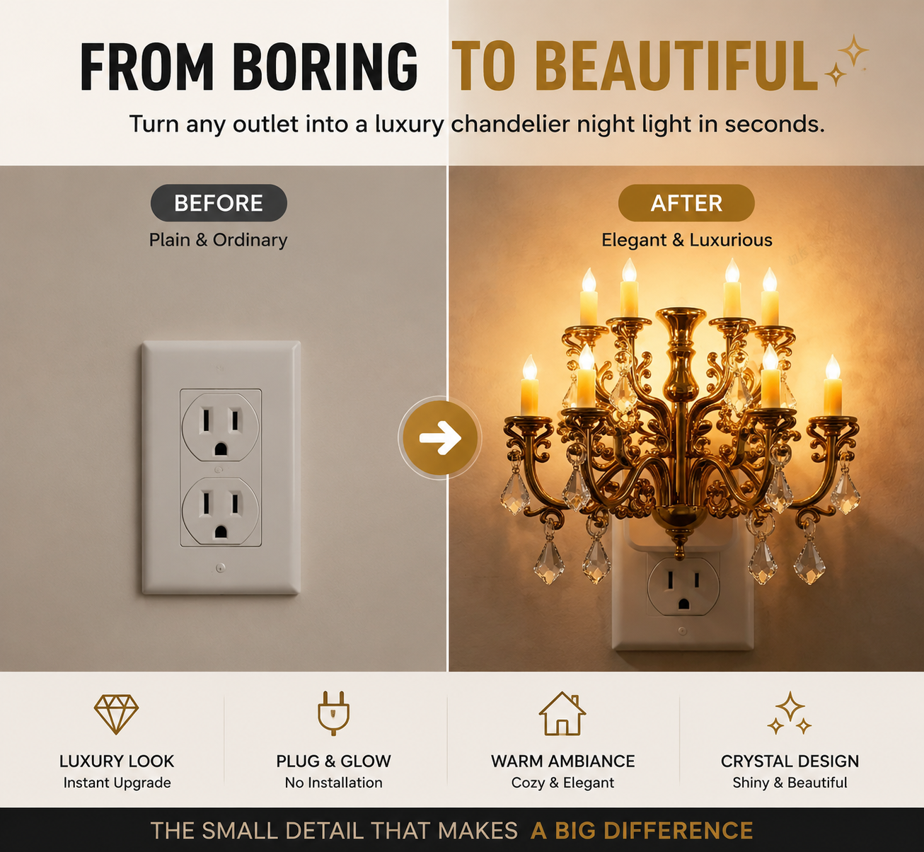 💎 Crystal Chandelier Plug-In Night Light – Instant Luxury Home Decor Outlet Lamp for Kitchen & Bedroom
