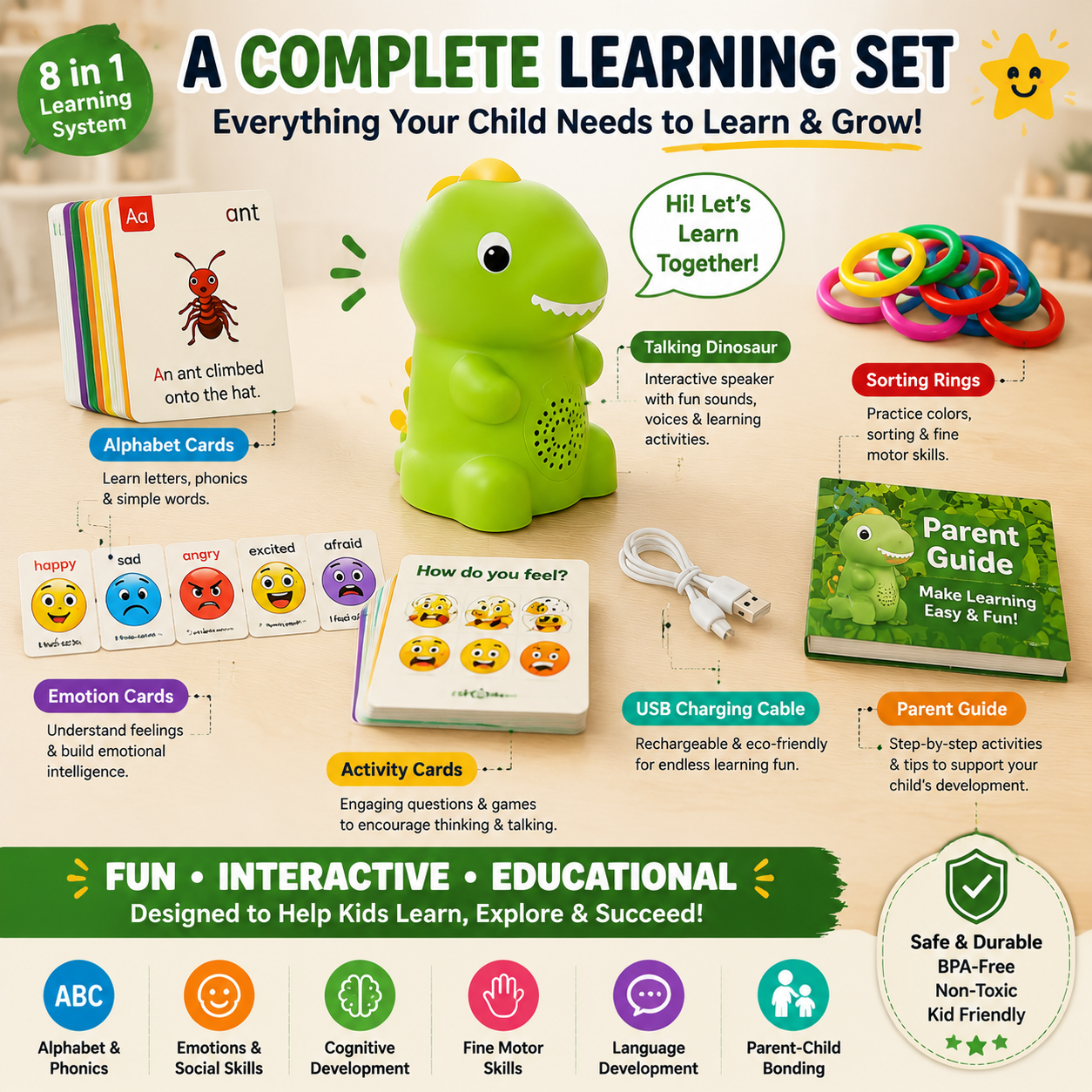 🦖 Interactive Talking Dinosaur Learning Toy Set – Early Education Kit for Kids (Alphabet, Emotion & Cognitive Development)