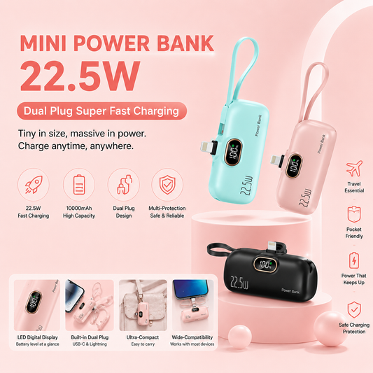 5000mAh Mini Fast-Charging Power Bank with Dual Ports & Digital Display