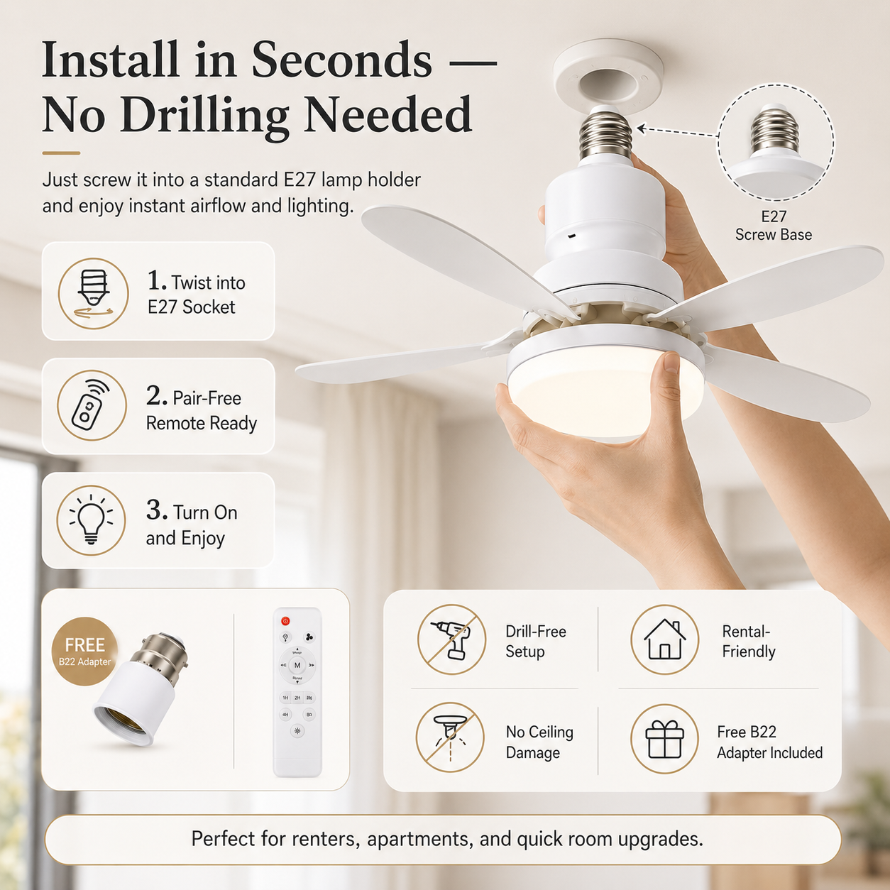 Modern Dimmable E27 LED Fan Light 