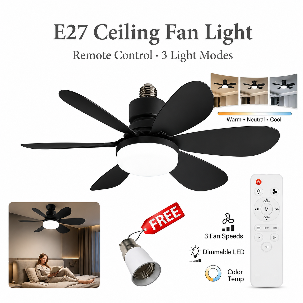 Modern Dimmable E27 LED Fan Light 