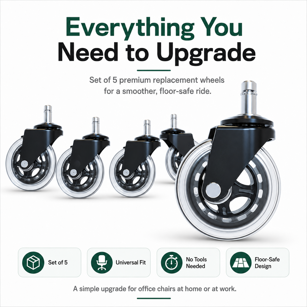 🛼 Premium Inline-Style Office Chair Wheels – Universal Fit • Easy Install • Set of 5