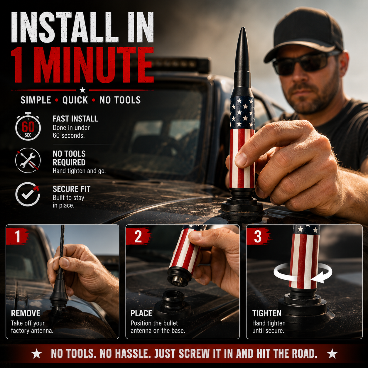 🔥 49% OFF | Universal 50 Cal Bullet Antenna | 9 Adapters Included | Fits Most Vehicles