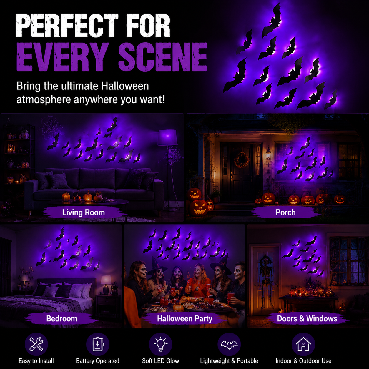 Halloween LED Bat Wall Lights | Peel & Stick Spooky Decor