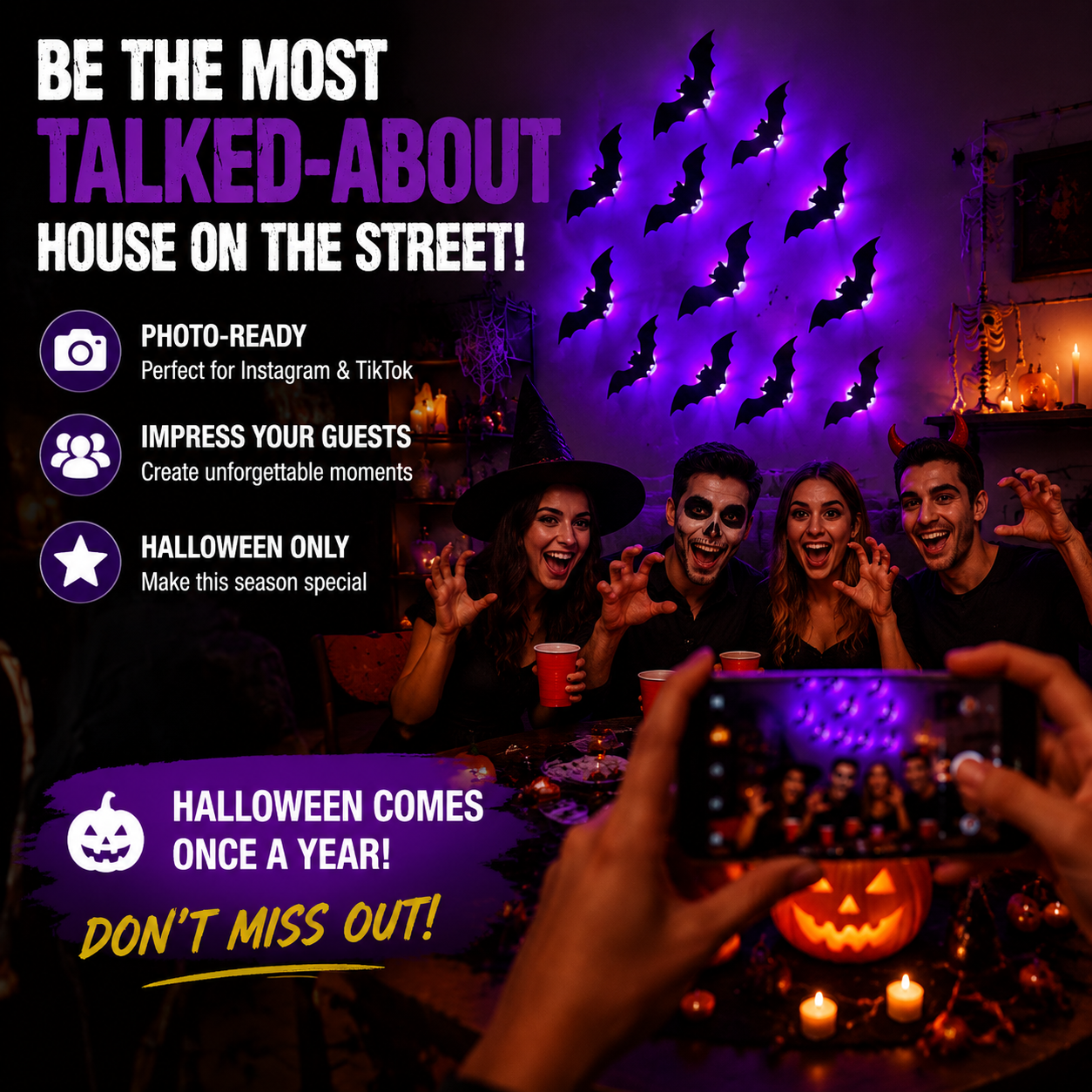 Halloween LED Bat Wall Lights | Peel & Stick Spooky Decor