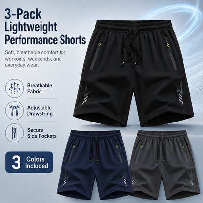 🔥Men’s 3-Pack Lightweight Active Dry-Fit Shorts | Breathable Gym & Lounge Wear with Pockets