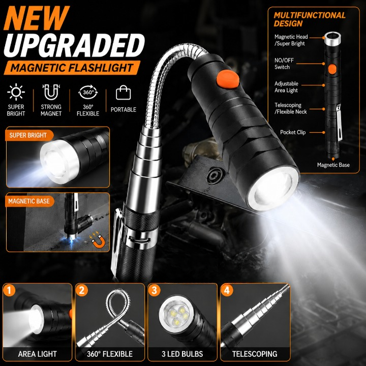 🔥Extendable Magnet Flashlight – Reach, Grab & Rescue Dropped Screws