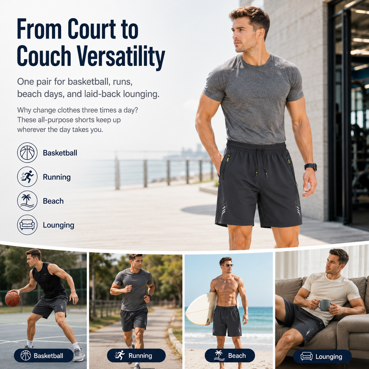 🔥Men’s 3-Pack Lightweight Active Dry-Fit Shorts | Breathable Gym & Lounge Wear with Pockets