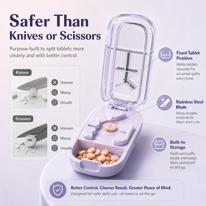 💊Upgrade-Designed Compact 3-in-1 Pill Splitter Organizer