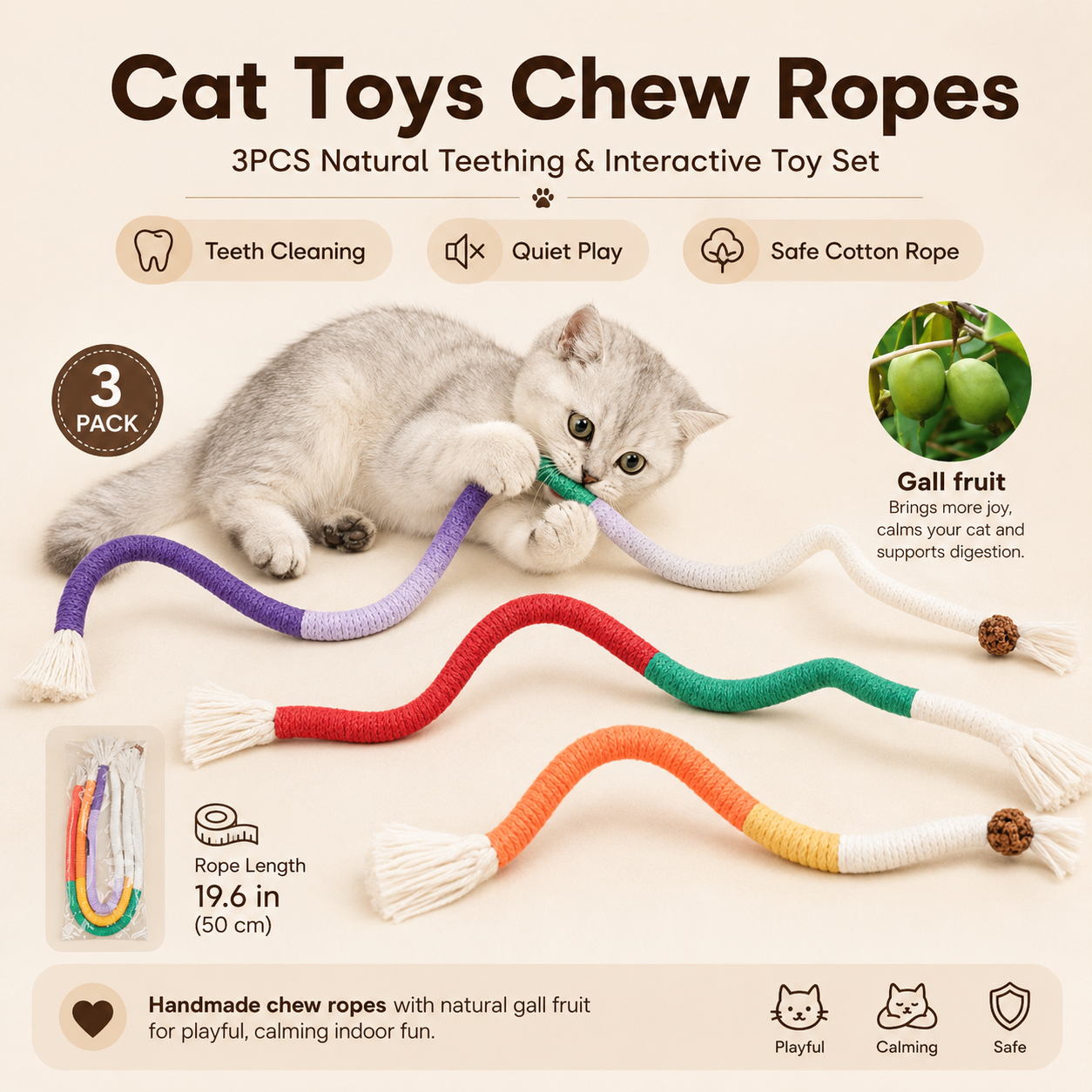 🧶Interactive Kitty Ropes – 3 safe chew toys for indoor cats, calming & fun.