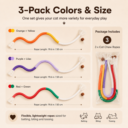 🧶Interactive Kitty Ropes – 3 safe chew toys for indoor cats, calming & fun.