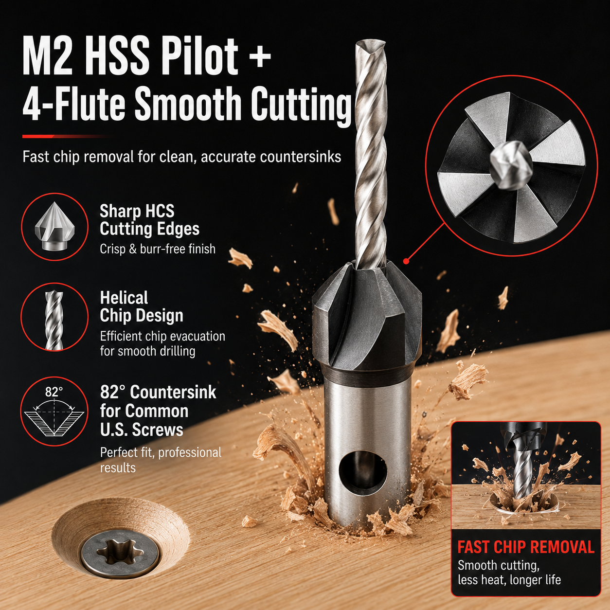 ⚙️ Precision Countersink Drill Bit Set – M2 HSS, 4PCS, Depth-Adjustable, Wood/Plastic Ready