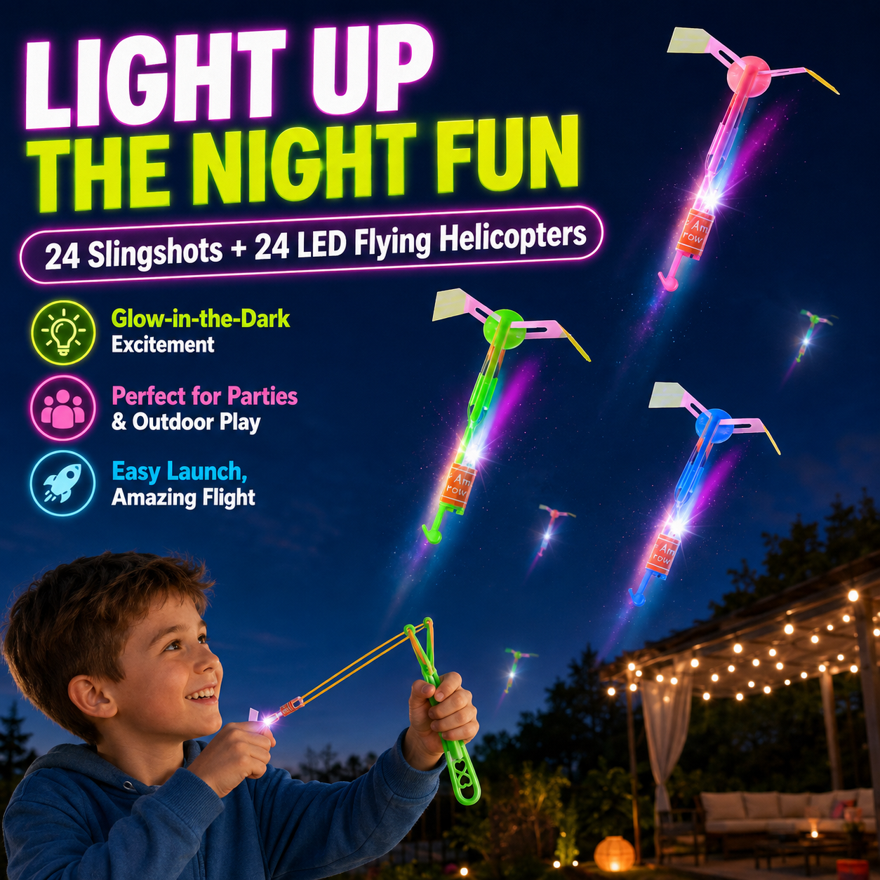 🚁 24-Pack LED Flying Set – Helicopters + Slingshots, Glow in the Dark