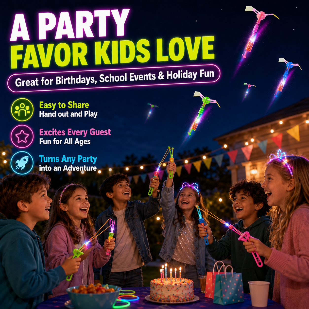 🚁 24-Pack LED Flying Set – Helicopters + Slingshots, Glow in the Dark