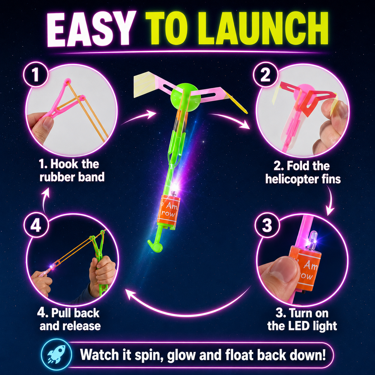 🚁 24-Pack LED Flying Set – Helicopters + Slingshots, Glow in the Dark