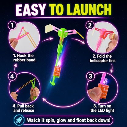 🚁 24-Pack LED Flying Set – Helicopters + Slingshots, Glow in the Dark