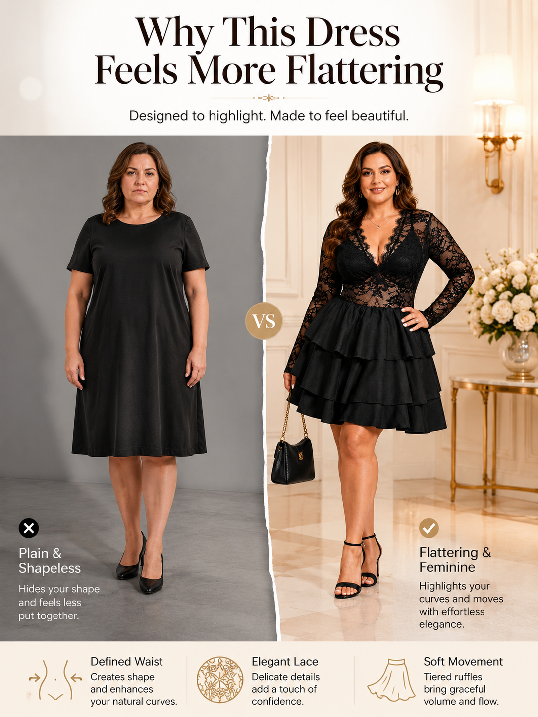 🔥Glam Style Deal 💃Plus Size Lace Panel Deep V-Neck Dress with Sheer Layered Hem for Parties & Nights Out