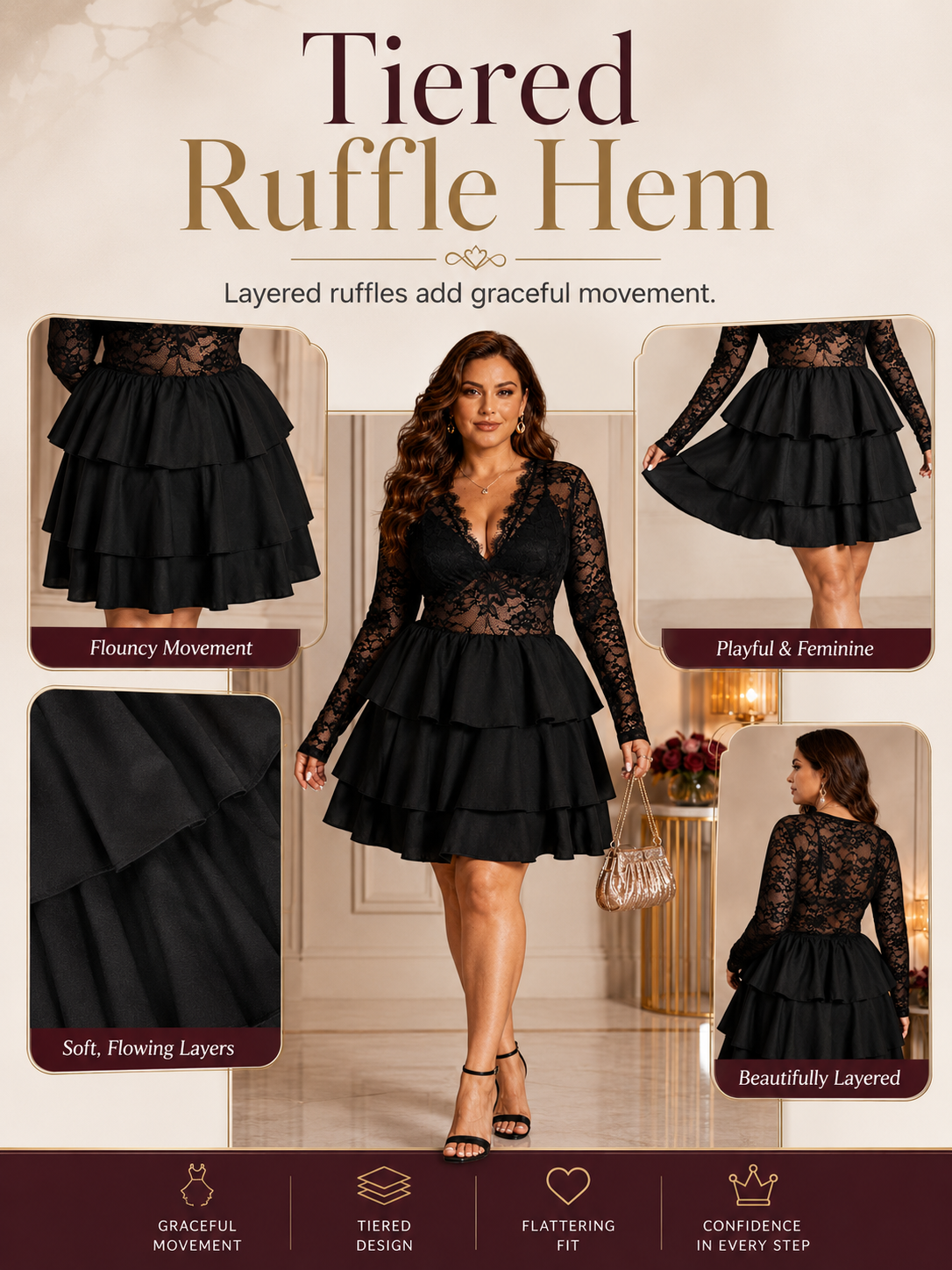 🔥Glam Style Deal 💃Plus Size Lace Panel Deep V-Neck Dress with Sheer Layered Hem for Parties & Nights Out