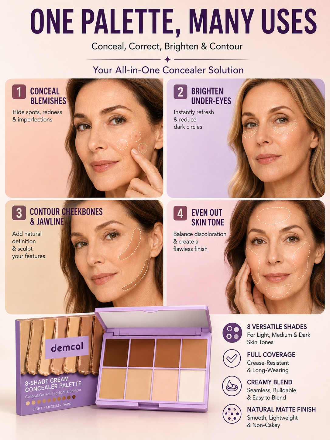 💄 Beauty Must-Have ✨ 8-Color Cream Concealer Palette for Full Coverage, Color Correction & Contouring