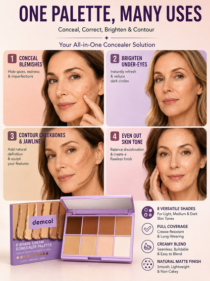 💄 Beauty Must-Have ✨ 8-Color Cream Concealer Palette for Full Coverage, Color Correction & Contouring