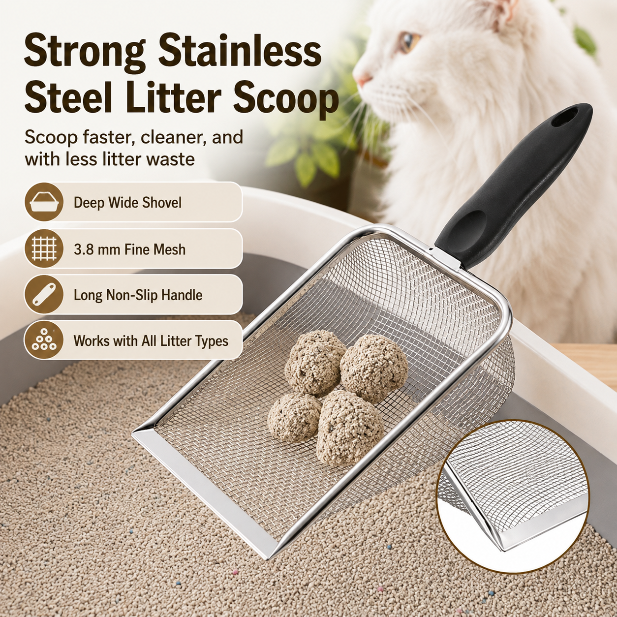 🐱 Stainless Steel Litter Scoop – Sturdy Mesh, Long Handle, All Litter