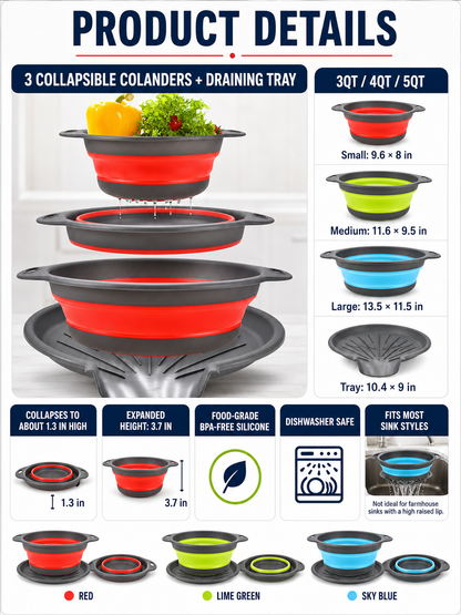 🥗💧Kitchen Colander Set ✨ Space-Saving Collapsible Strainers with Over-Sink Self-Draining Design for Easy Meal Prep
