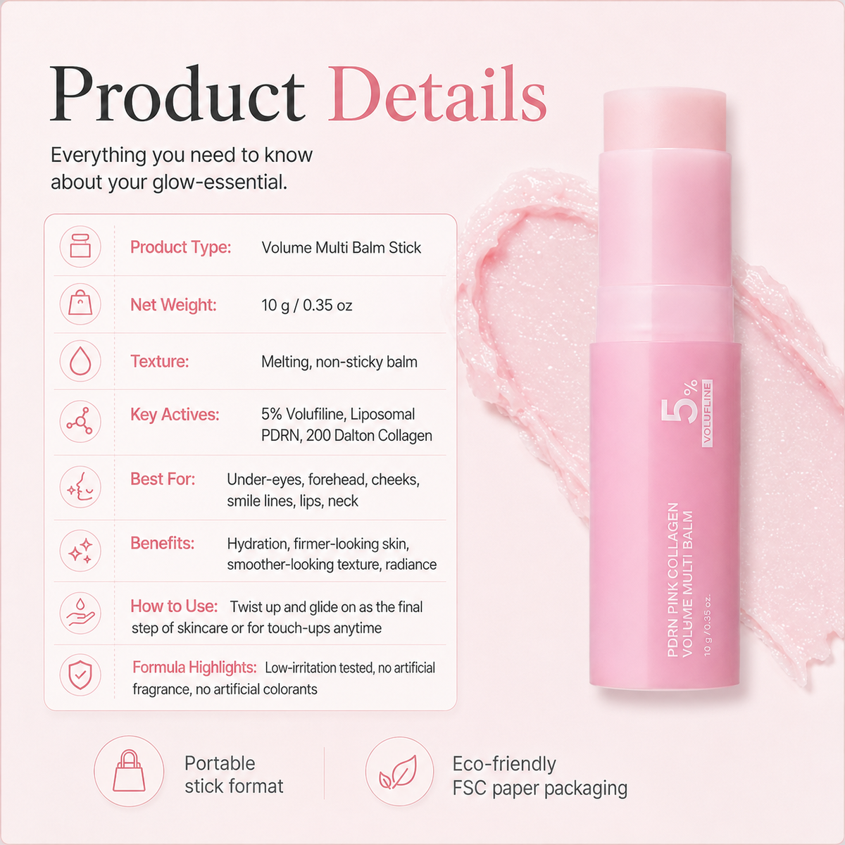 ✨ Pink Collagen Volume Stick | PDRN, Volufiline & NAD – Eyes, Neck, Lips & More