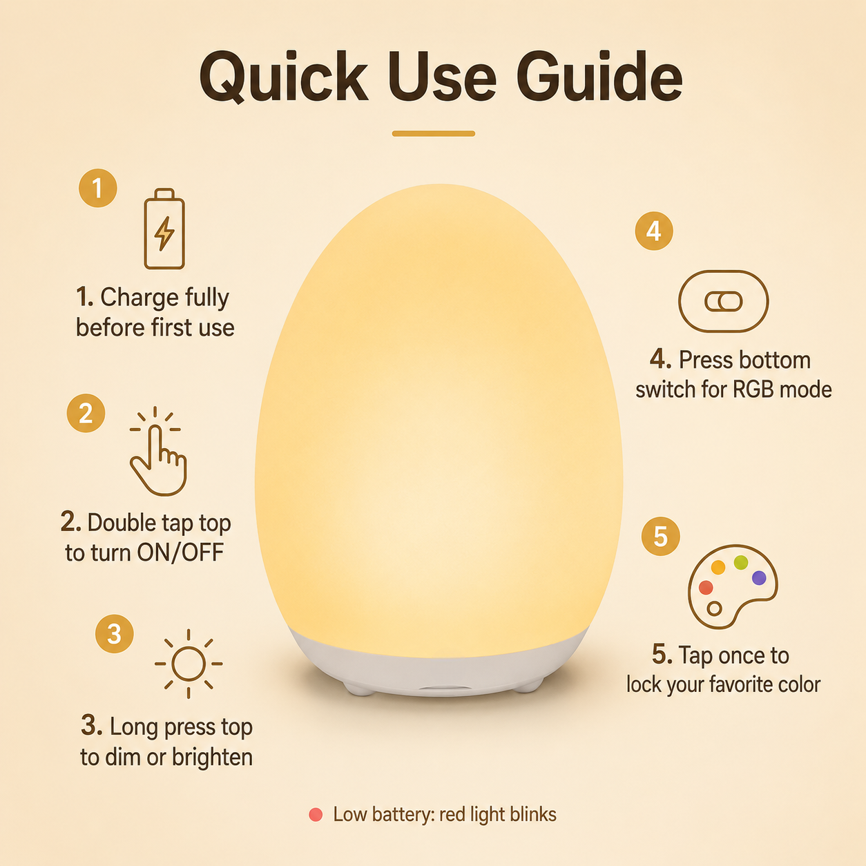 🥚 Rechargeable Tap Night Light – 7 RGB Colors + Stepless Dimming, Baby Room Essential