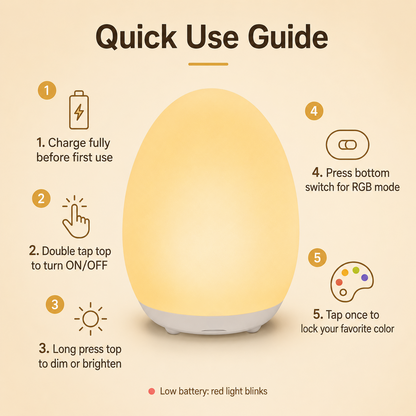 🥚 Rechargeable Tap Night Light – 7 RGB Colors + Stepless Dimming, Baby Room Essential