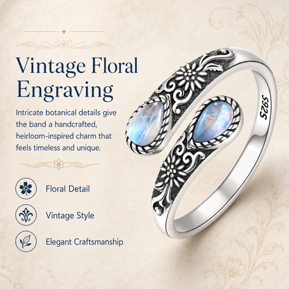 ✨ Adjustable Moonstone Ring – Vintage Floral Open Band, Soft Glow for Everyday Wear