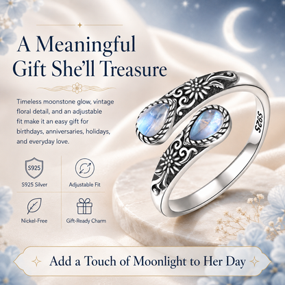 ✨ Adjustable Moonstone Ring – Vintage Floral Open Band, Soft Glow for Everyday Wear