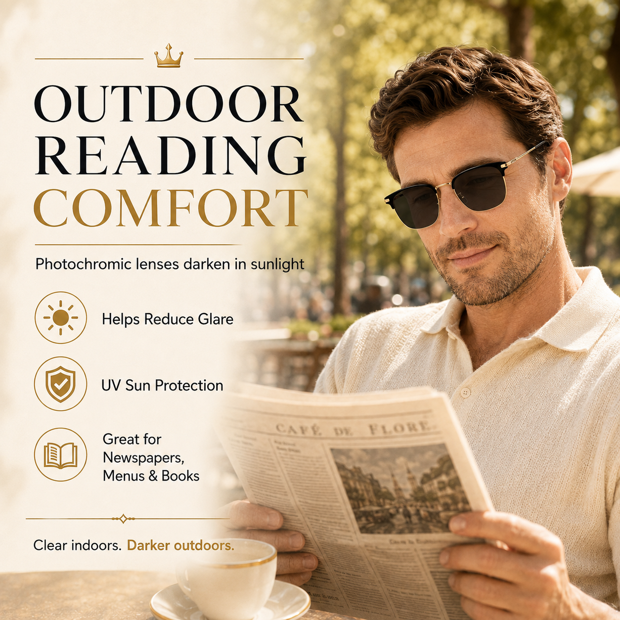 ✨ Photochromic Reading Eyewear – Square Browline Alloy Frame, Black/Gold, Outdoor Tint Shift + UV Shield