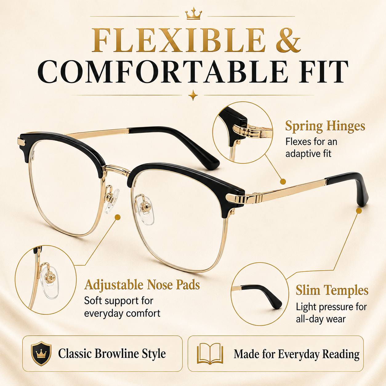 ✨ Photochromic Reading Eyewear – Square Browline Alloy Frame, Black/Gold, Outdoor Tint Shift + UV Shield