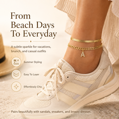 ✨ Gold Initial Anklet – 14K Gold Plated, Waterproof Adjustable Letter Pendant, Stackable Beach Jewelry