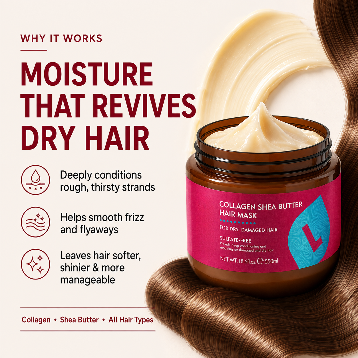 🌿 Collagen & Shea Butter Hair Mask – Deep Repair Treatment for Dry/Damaged Hair, 18.6oz (550ml)