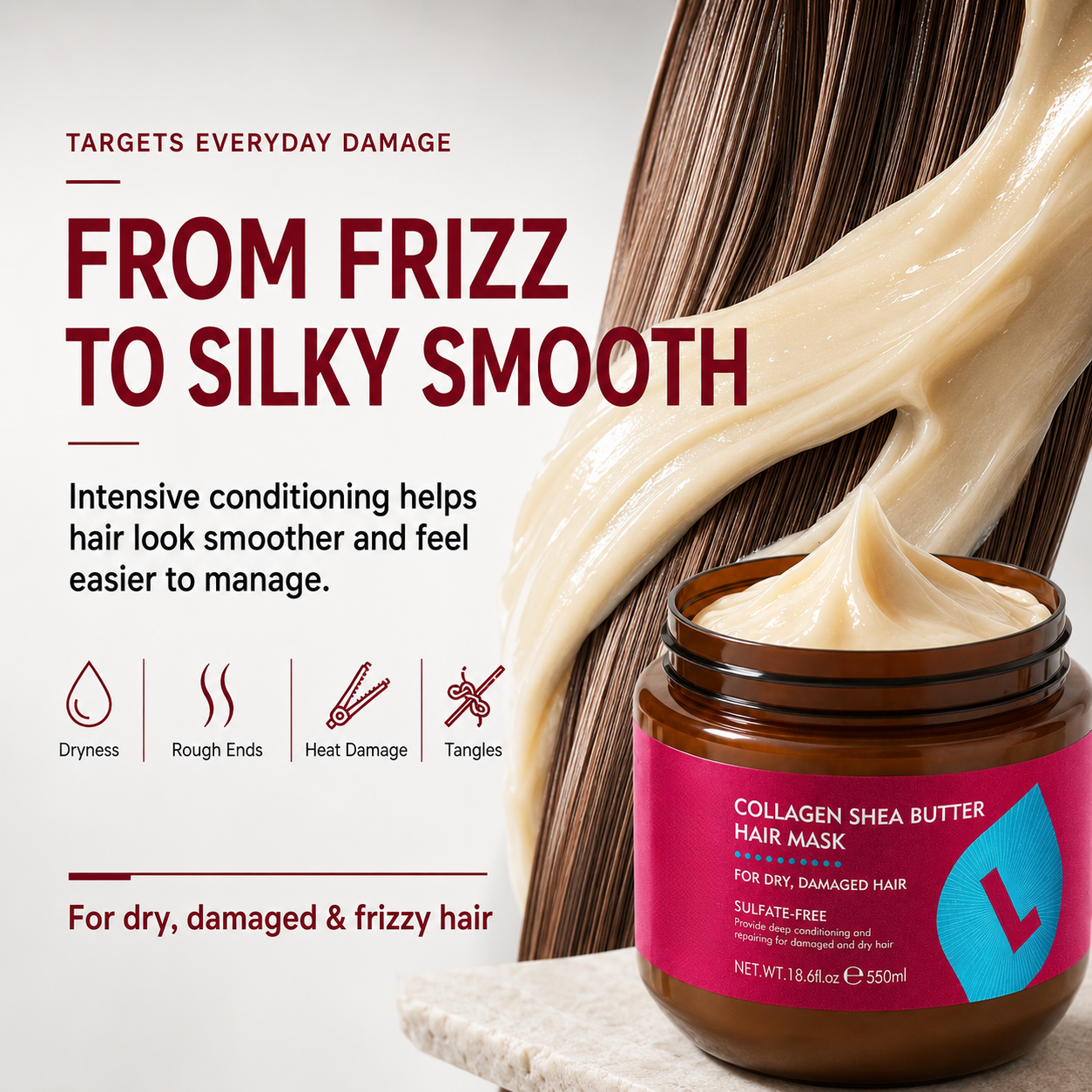 🌿 Collagen & Shea Butter Hair Mask – Deep Repair Treatment for Dry/Damaged Hair, 18.6oz (550ml)