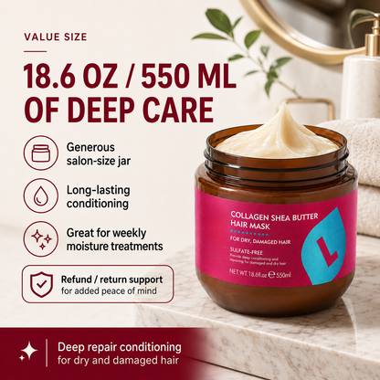 🌿 Collagen & Shea Butter Hair Mask – Deep Repair Treatment for Dry/Damaged Hair, 18.6oz (550ml)