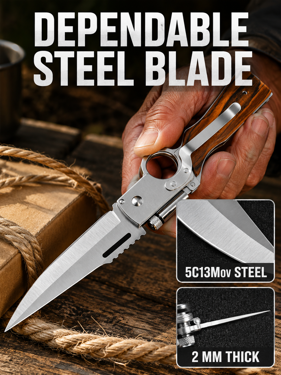 🔥Limited-Time Special Offer🛠️🎁Pocket Folding Knife - 5C13Mov Steel, Wooden Handle, LED Light, Pocket Clip
