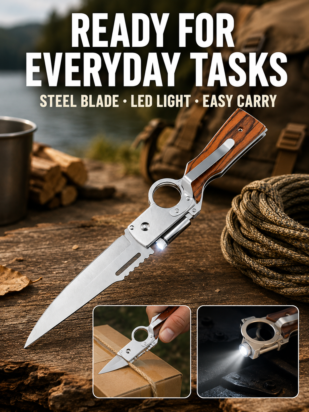 🔥Limited-Time Special Offer🛠️🎁Pocket Folding Knife - 5C13Mov Steel, Wooden Handle, LED Light, Pocket Clip