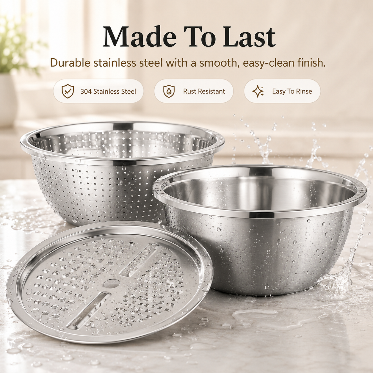 3-in-1 Multifunction Kitchen Strainer Set – Stainless Steel Wash, Drain & Slice Bowl for Fruits, Vegetables & Rice